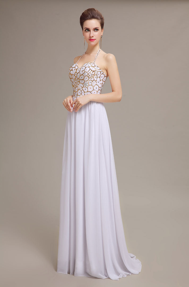 Elegant Halter Neck White Chiffon A-Line Prom Dress with Gold Embroidered Sequined Bodice