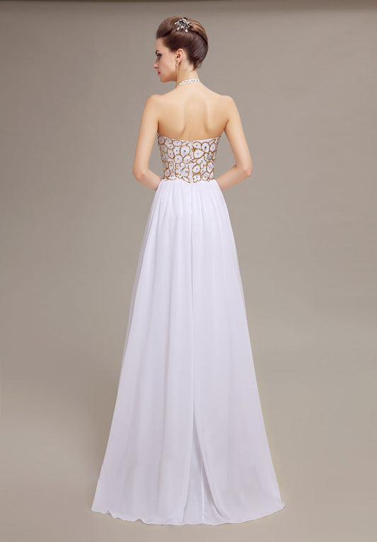Elegant Halter Neck White Chiffon A-Line Prom Dress with Gold Embroidered Sequined Bodice