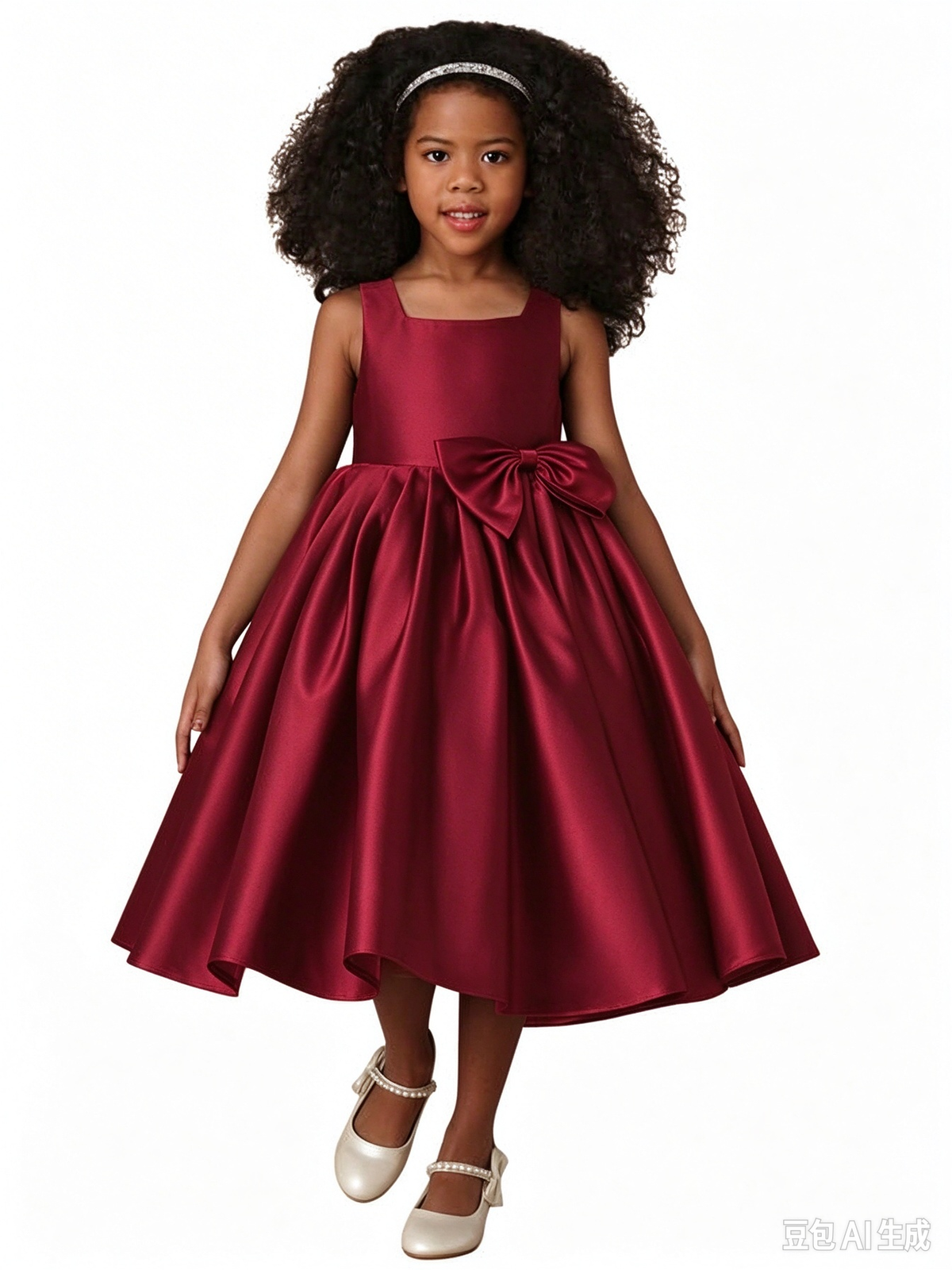 Girls Red Satin Flower Girl Dress, Sleeveless Square Neck Midi Princess Gown with Big Side Bow, Formal Party Wedding Birthday Dress for Little Girls