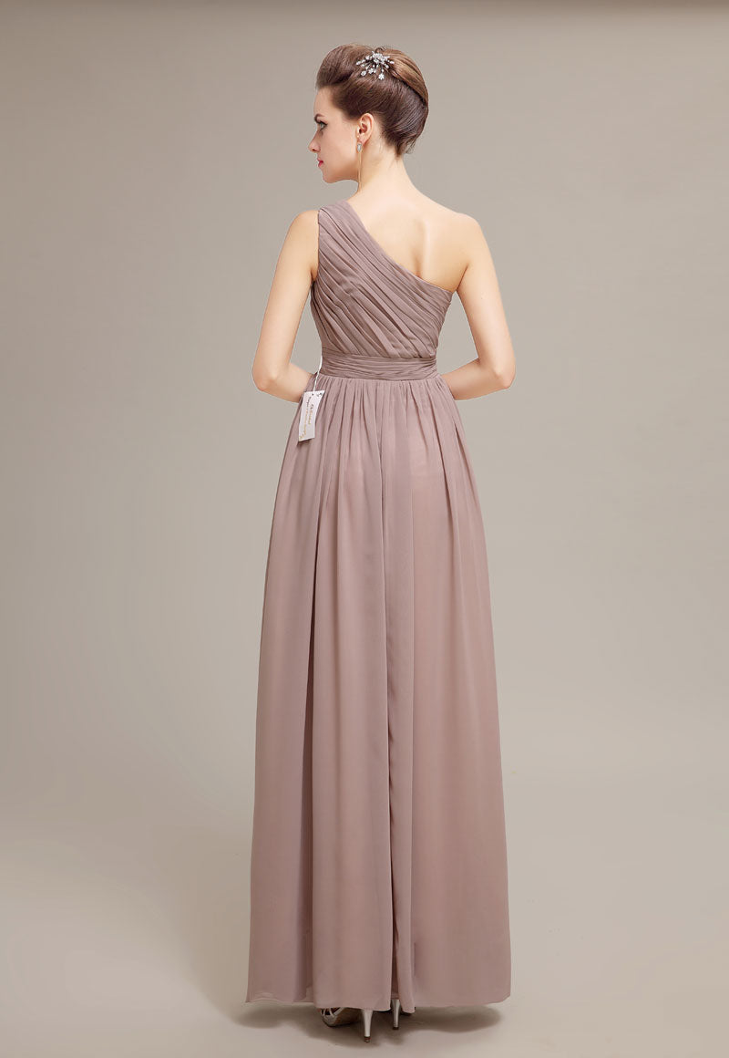 Elegant One-Shoulder Taupe Chiffon Floor-Length Prom Dresses