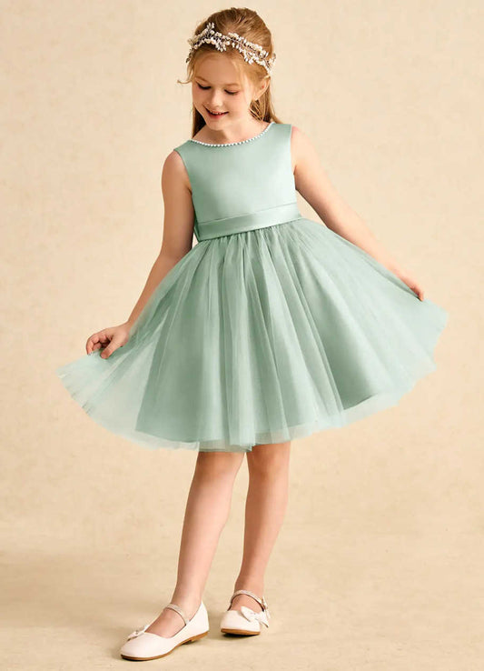 Sage Green Spaghetti Strap Flower Girl Dress, Heavy Satin Bubble Midi Skirt with Big Bow Back, Kids Formal Wedding Party Gown