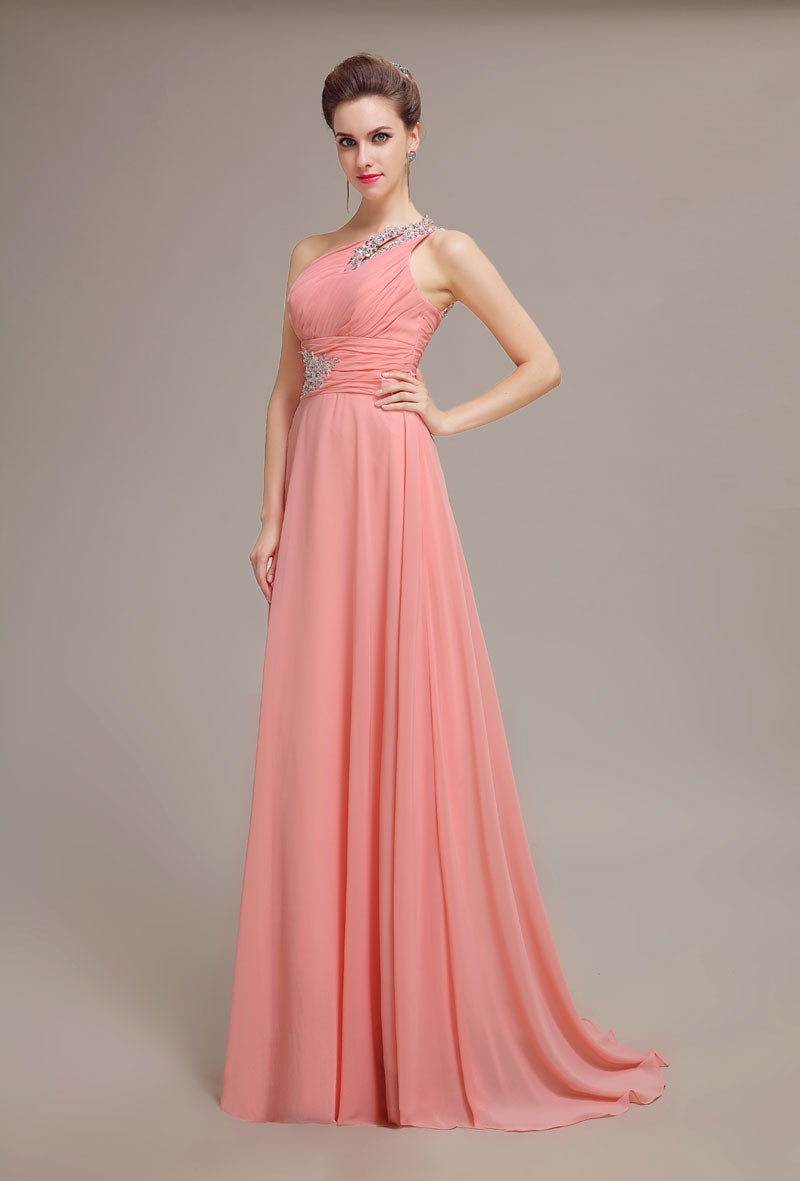 Elegant One-Shoulder Pink Chiffon Prom Dress with Beaded Appliques