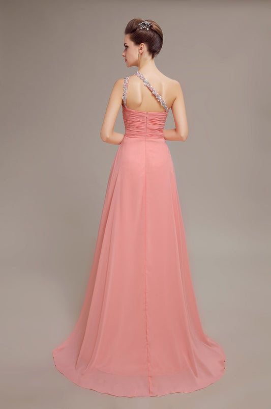 Elegant One-Shoulder Pink Chiffon Prom Dress with Beaded Appliques