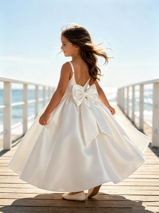 Sleeveless Heavy Satin Flower Girl Dress, Princess Seam A-Line Floor Length Gown with Big Bow Back, Kids Wedding First Communion Dress
