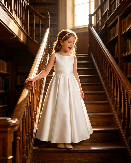 Sleeveless Satin Flower Girl Dress, A-Line Floor Length Gown with Big Bow & Pearl Back, Kids Wedding First Communion Dress
