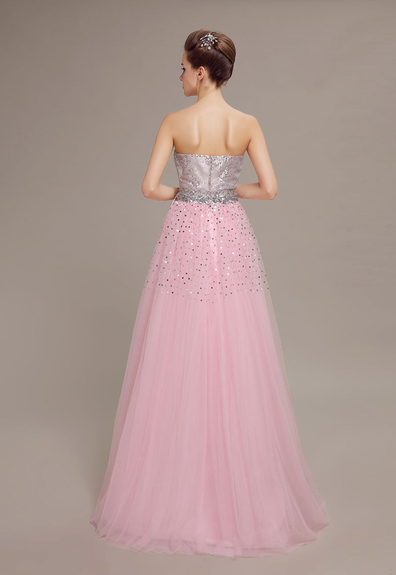Glamorous Strapless Baby Pink Tulle Prom Dress with Silver Sequin Bodice