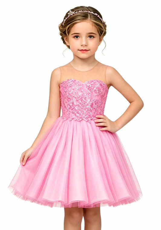 Sky Blue Flower Girl Dress, Illusion Neck Shallow Sweetheart Sequin Lace Kids Pageant Dress, Layered Tulle Formal Party Gown
