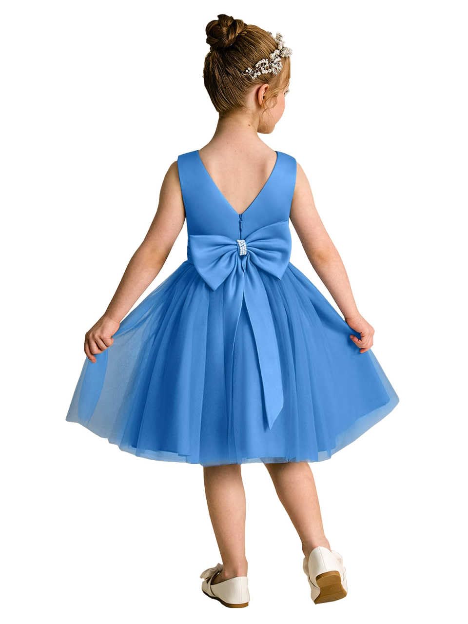 Champagne Flower Girl Dress, Sleeveless V-Neck Satin Bodice Tulle Tutu Gown with Wide Satin Waistband, Short Formal Wedding Party Princess Dress for Little Girls