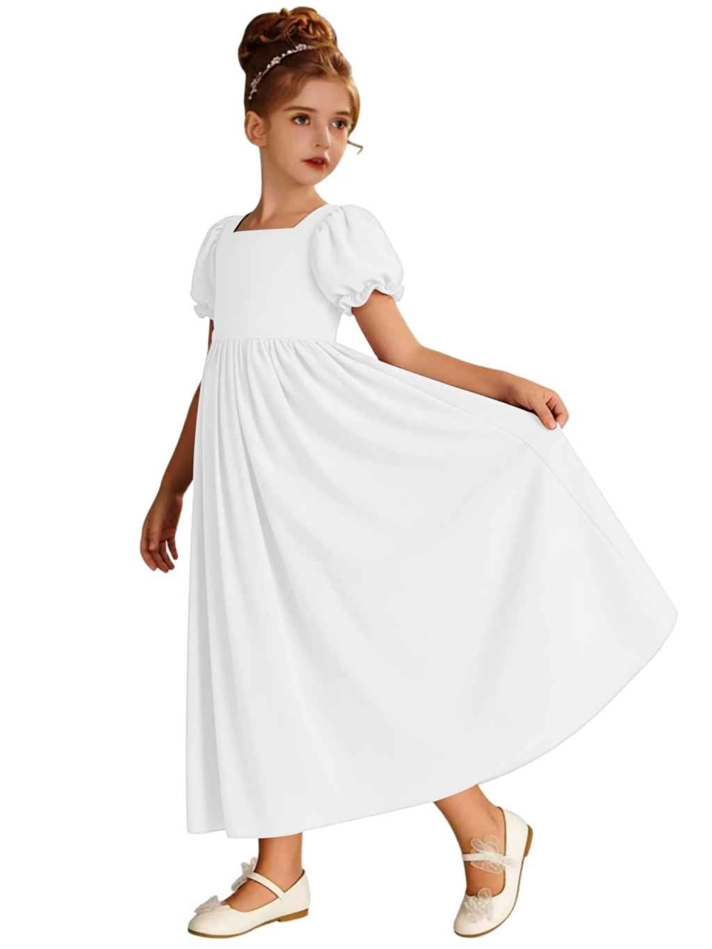 Dusty Blue Chiffon Flower Girl Dress, Square Neck Puff Short Sleeve Midi Princess Gown, Empire Waist Formal Wedding Birthday Dress for Little Girls