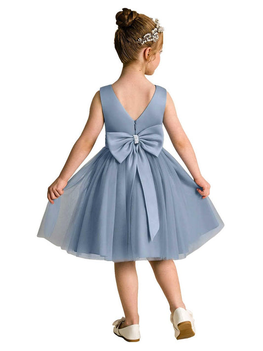Champagne Flower Girl Dress, Sleeveless V-Neck Satin Bodice Tulle Tutu Gown with Wide Satin Waistband, Short Formal Wedding Party Princess Dress for Little Girls