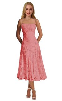 Spaghetti straps lace flower girl dress with square neckline. Ruched bodice, A-line midi lace