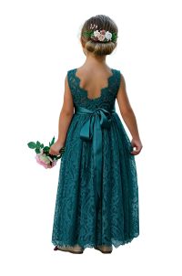 Sleeveless lace flower girl dress with round neckline.