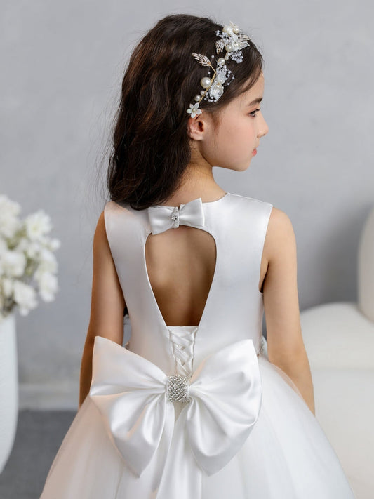 Satin Heart Cutout Back Flower Girl Dress, Sleeveless Round Neck Rhinestone Waist Tulle Long Pageant Gown with Big Bow