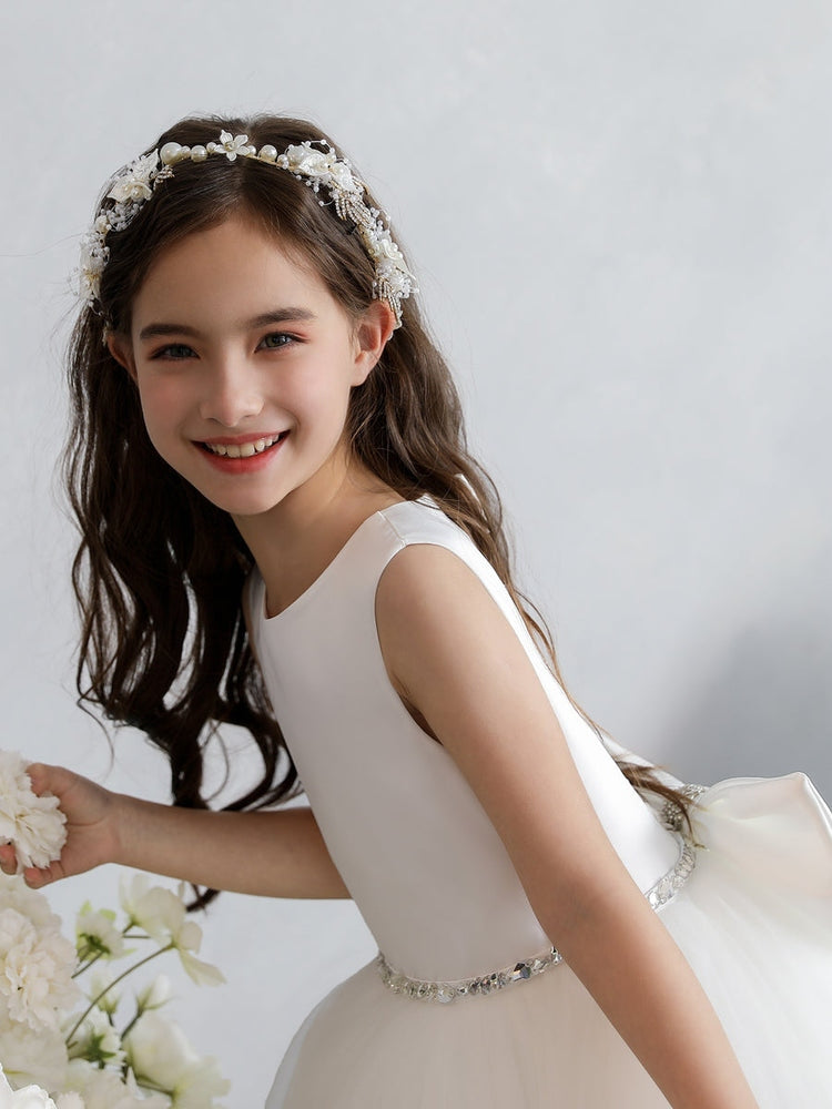 Satin Heart Cutout Back Flower Girl Dress, Sleeveless Round Neck Rhinestone Waist Tulle Long Pageant Gown with Big Bow