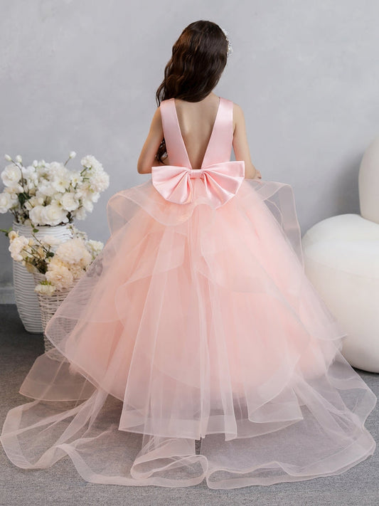 Sleeveless Round Neck Blush Pink Flower Girl Dress, Deep V Back Big Bow Tulle Pageant Gown with Train, Rhinestone Waist