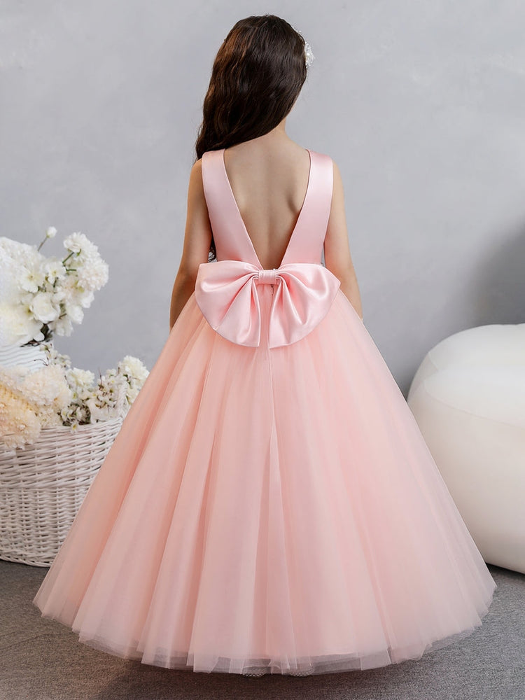 Sleeveless Round Neck Blush Pink Flower Girl Dress, Deep V Back Big Bow Tulle Pageant Gown with Train, Rhinestone Waist
