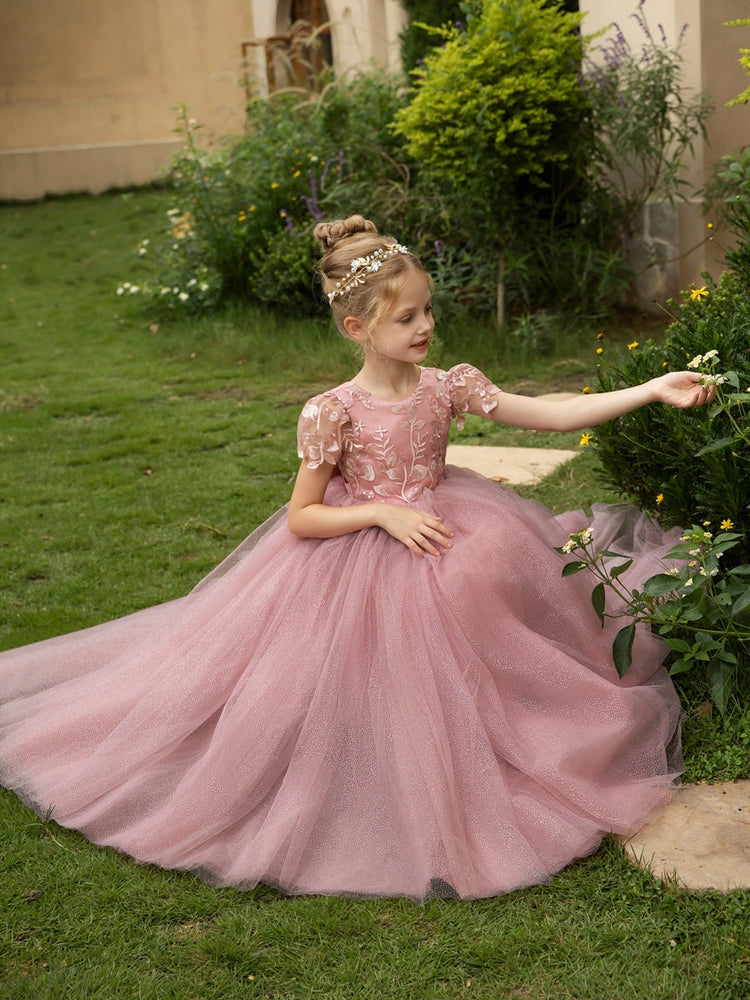 Dusty Rose Flower Girl Dress, Cap Sleeve Lace Embroidery V Back Big Satin Bow Sparkly Tulle Long Wedding Pageant Gown