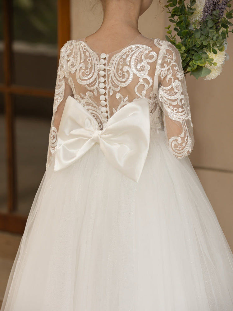 Champagne Lace Flower Girl Dress, 3/4 Sleeve Floor Length Tulle Princess Gown, Sheer Back Pearl Button Kids Wedding Pageant Party Dress