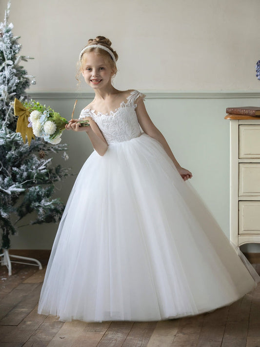 Off-shoulder lace appliqués, lace-trimmed sleeves, fluffy long tulle dress