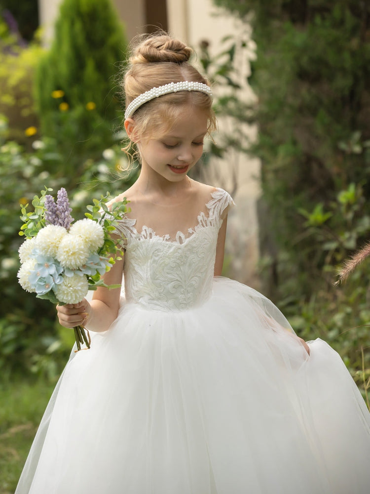 Off-shoulder lace appliqués, lace-trimmed sleeves, fluffy long tulle dress