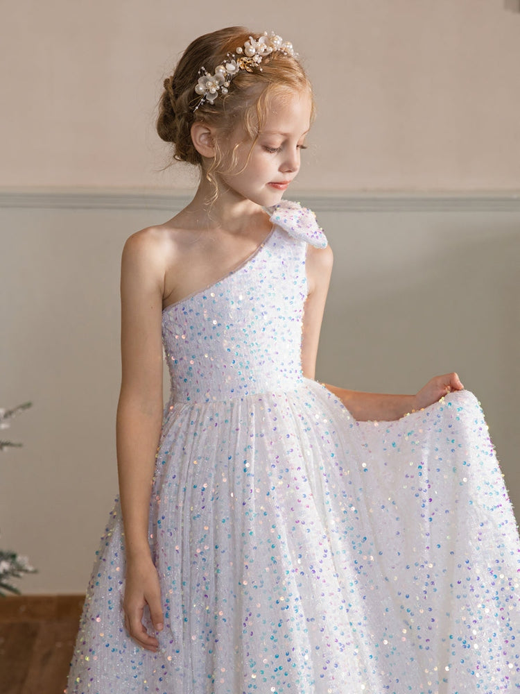 One Shoulder Sequin Tulle Flower Girl Dress, Bow Shoulder Floor Length Sparkly Princess Gown for Wedding Pageant Birthday