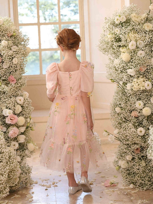 Blush Pink Floral Embroidery Tulle Flower Girl Dress, Square Neck Puff Sleeve Midi Princess Gown for Wedding Pageant