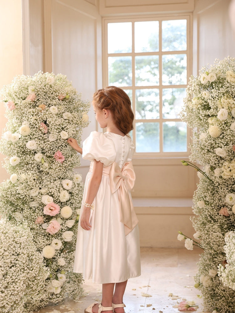 A-Line Satin Flower Girl Dress, V-Neck Puff Short Sleeves Tea Length Kids Wedding Party Dress with Big Bow at Back