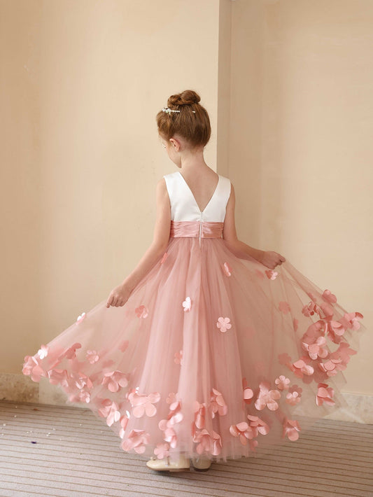 3D Petal Tulle Flower Girl Dress, Sleeveless V-Back Floor Length Kids Wedding Party Dress with Satin Waistband