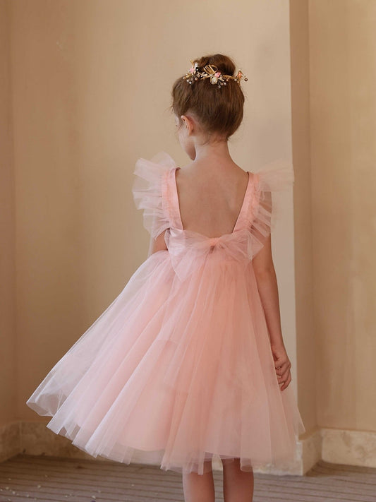Square Neck Tulle Flower Girl Dress, Ruffle Flutter Sleeve Backless Tea Length Kids Party Dress with Bow