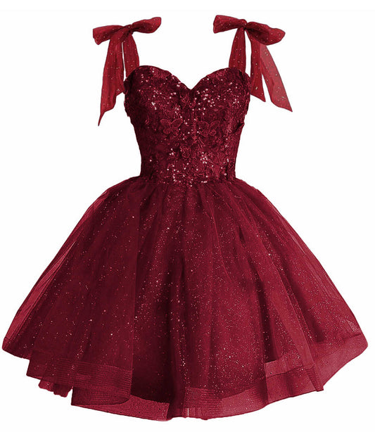 Sparkly Bright Red Short Homecoming Dress, Sweetheart Lace Sequin Tulle Prom Dress with Bow Straps, 3D Butterfly Cocktail Party Dress