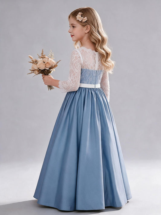 Round Neck Long Sleeve Lace Top Satin Floor Length A-Line Flower Girl Dress