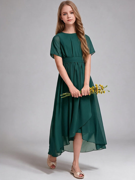 Round Neck Short Sleeve Chiffon Long Flower Girl Dress