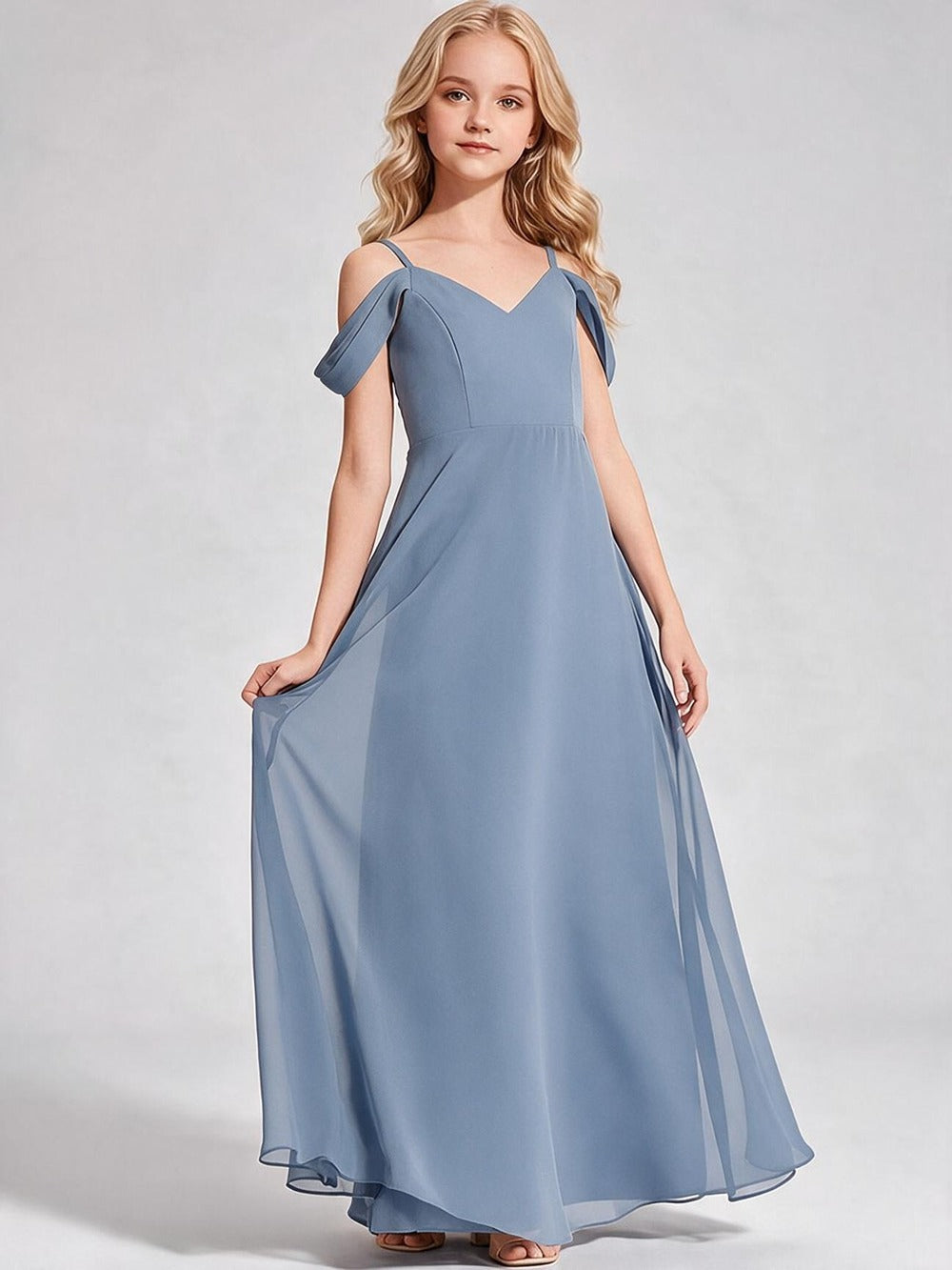 Chiffon Off Shoulder with Spaghetti Strap V-Neck Floor Length Flower Girl Dress