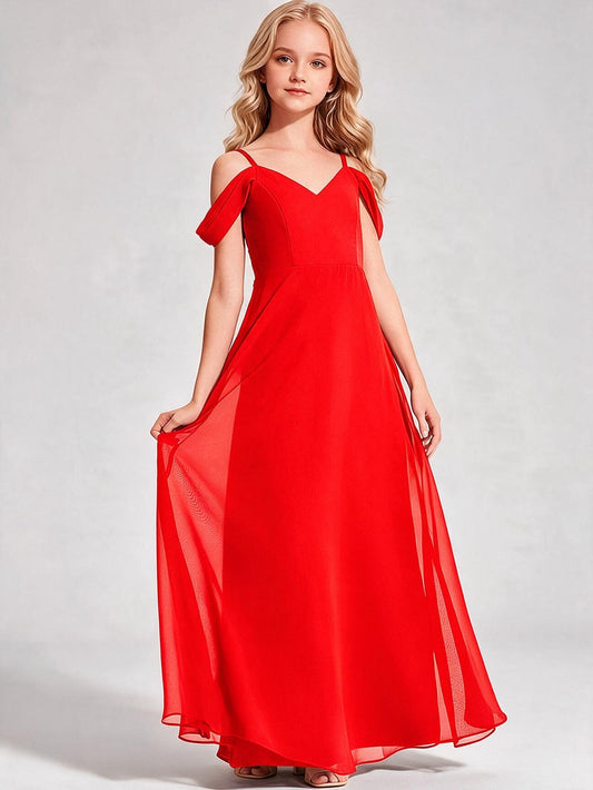 Chiffon Off Shoulder with Spaghetti Strap V-Neck Floor Length Flower Girl Dress