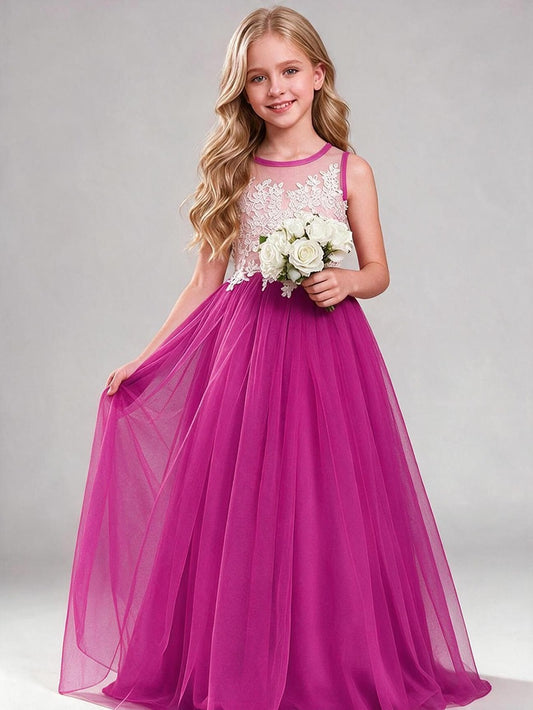 Lace Tulle Flower Girl Dress Blush Sleeveless Floor Length Junior Bridesmaid Gown