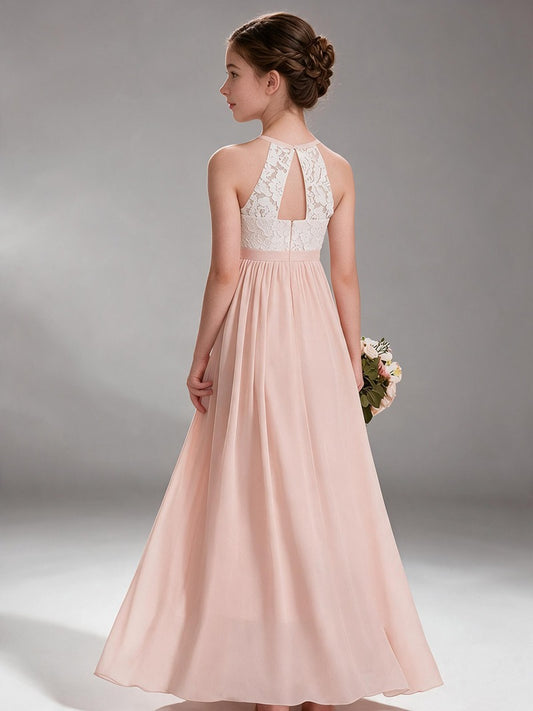 Halter Sleeveless Lace Chiffon Flower Girl Dress, Floor Length Kids Gown