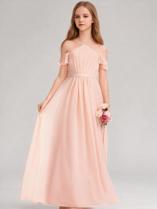Junior Bridesmaid Dress Blush Chiffon Halter Off Shoulder Long Flower Girl Dress with Bow Back