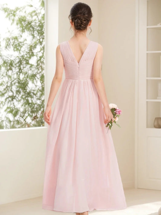 Junior Bridesmaid Dress Blush Chiffon V-Neck Sleeveless Floor Length Flower Girl Dress