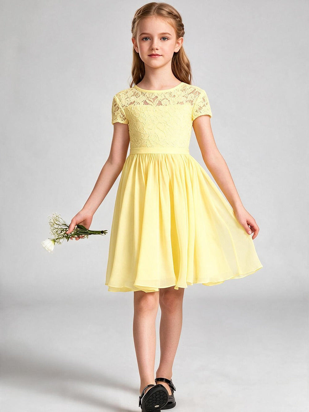 Burgundy Lace Chiffon Flower Girl Dress Short Sleeve Keyhole Back Knee Length Kids Formal Gown