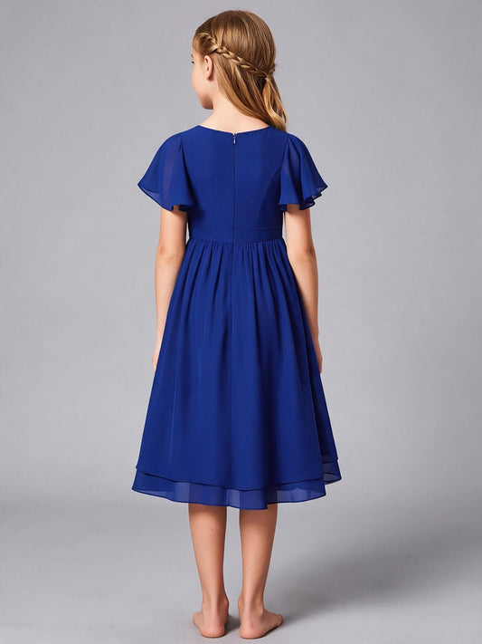 Royal Blue Chiffon Flower Girl Dress Flutter Sleeve Midi Kids Formal Party Gown