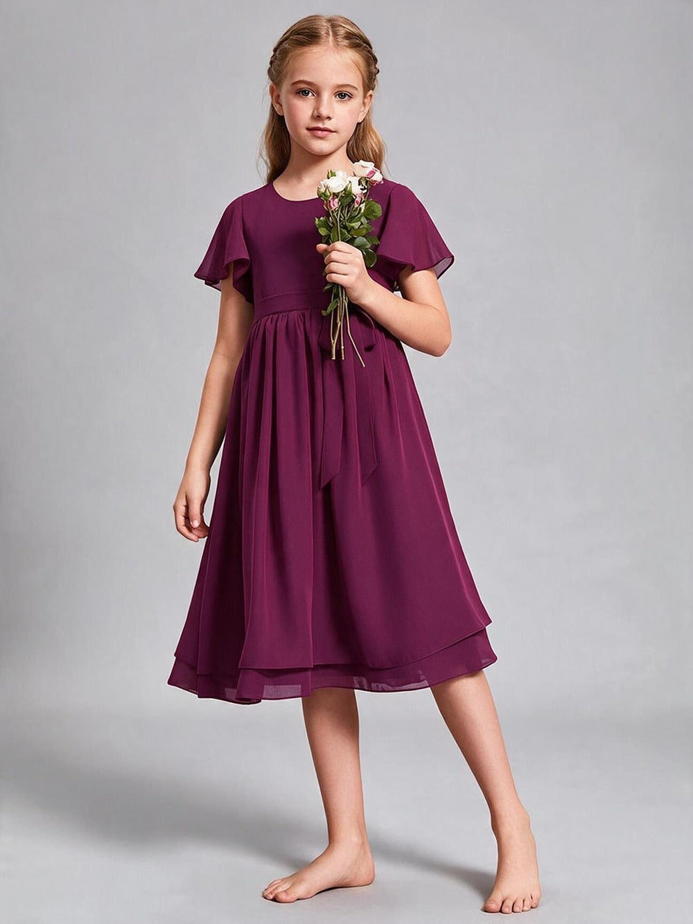 Royal Blue Chiffon Flower Girl Dress Flutter Sleeve Midi Kids Formal Party Gown