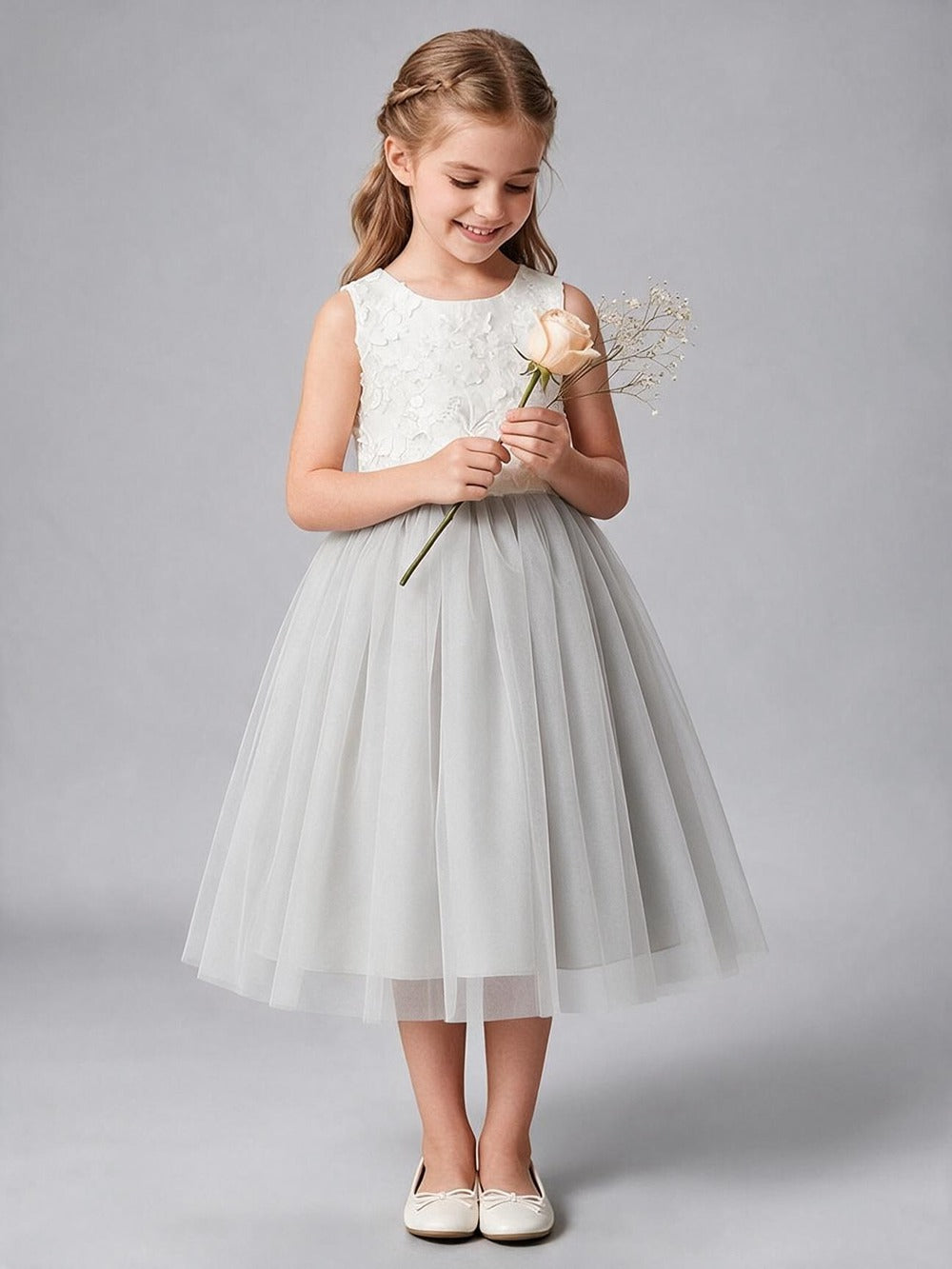 3D Floral Applique Tulle Flower Girl Dress Sleeveless V Back with Big Bow, Kids Formal Midi Gown