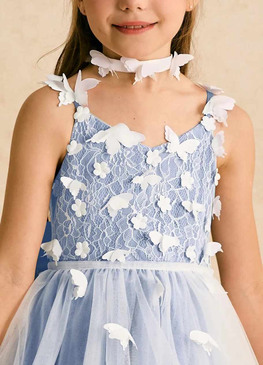 Girl Lace Embroidery Spaghetti Straps Tulle Train Princess Dress, 3D White Butterfly Flower Girl Gown for Wedding Birthday Pageant