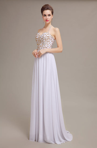 Elegant Halter Neck White Chiffon A-Line Prom Dress with Gold Embroidered Sequined Bodice