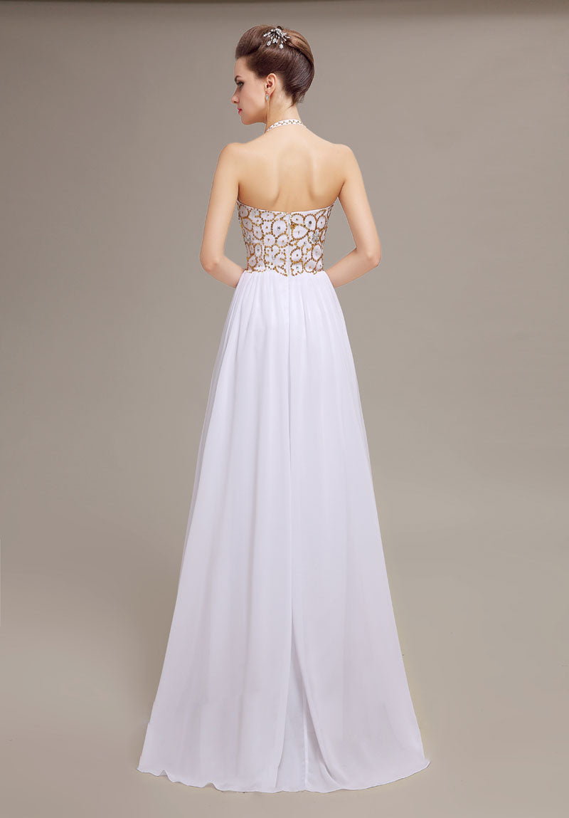Elegant Halter Neck White Chiffon A-Line Prom Dress with Gold Embroidered Sequined Bodice