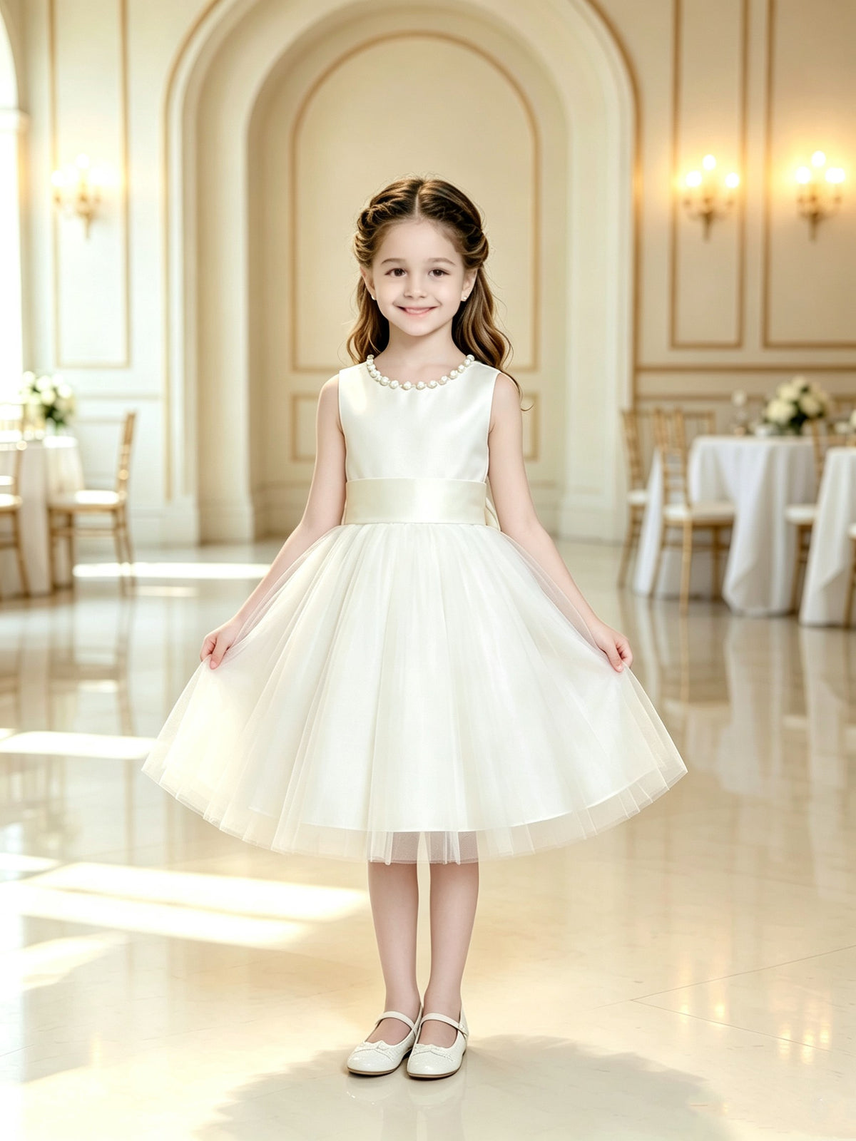 The bodice is crafted from fine matte satin, and the skirt is made of multiple layers of soft tulle. It features great draping, light and full without being bulky.
