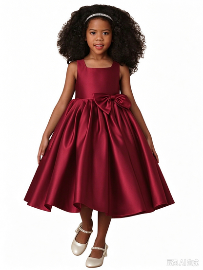Girls Red Satin Flower Girl Dress, Sleeveless Square Neck Midi Princess Gown with Big Side Bow, Formal Party Wedding Birthday Dress for Little Girls
