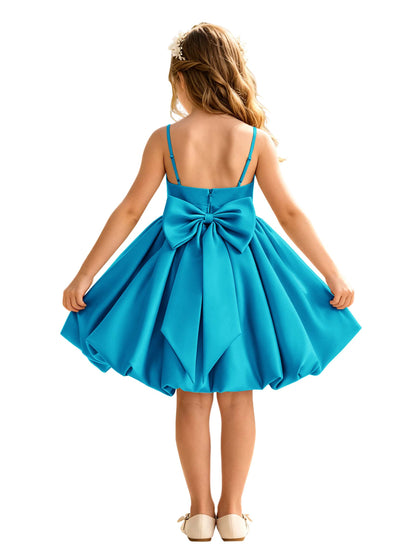Sage Green Spaghetti Strap Flower Girl Dress, Heavy Satin Bubble Midi Skirt with Big Bow Back, Kids Formal Wedding Party Gown