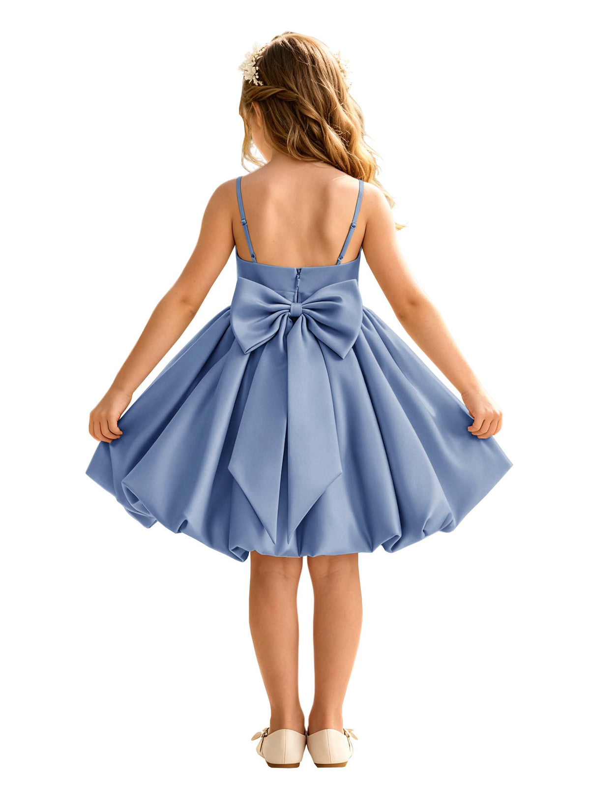 Sage Green Spaghetti Strap Flower Girl Dress, Heavy Satin Bubble Midi Skirt with Big Bow Back, Kids Formal Wedding Party Gown