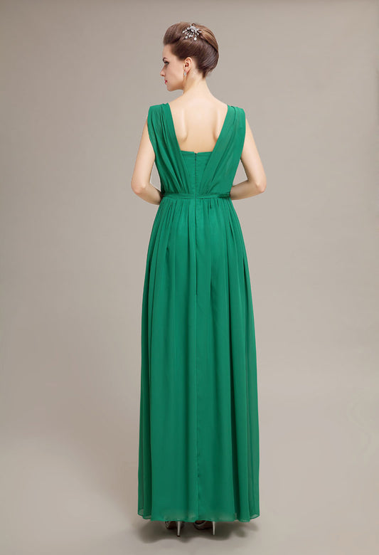 Elegant Emerald Green Chiffon Floor-Length V-Neck Sleeveless Prom Dress